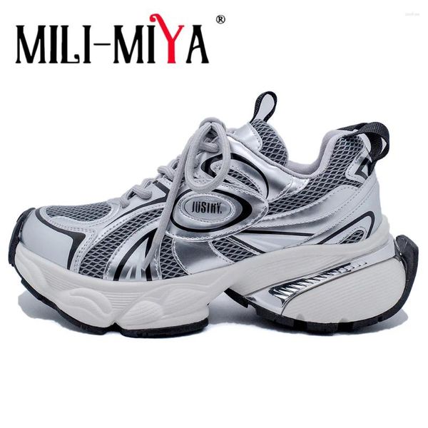 Scarpe casual MILI-MIYA Moda colore misto Sneakers da donna Traspirante Maglia argento Punta tonda Tacchi spessi Taglia grande 34-40 Fatti a mano per le signore