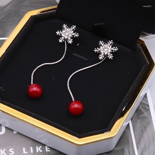 Baumelnde Ohrringe für Damen, Strass, Schneeflocke, rote Perlen, Kristall, Kunstperlen-Ohrring, durchbohrt