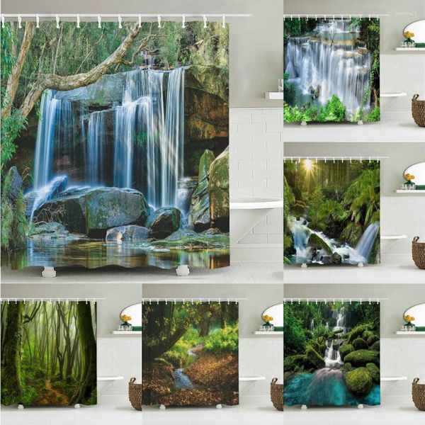 Tende da doccia Stampa 3D Foresta naturale Paesaggio Tenda Tessuto impermeabile Cascata Decorazione della parete del bagno Grande 300x180 cm