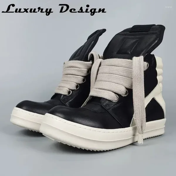 Sapatos casuais masculinos de alta qualidade tênis jumbo rendas até sola grossa preto designer moda couro real masculino feminino botas baixas