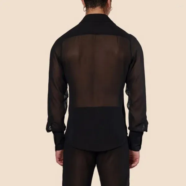 Herren-Freizeithemden, Hemdoberteil, schwarzes Netz, durchsichtig, mit langen Ärmeln, V-Ausschnitt, sexy einreihige Bluse für Party-Männer