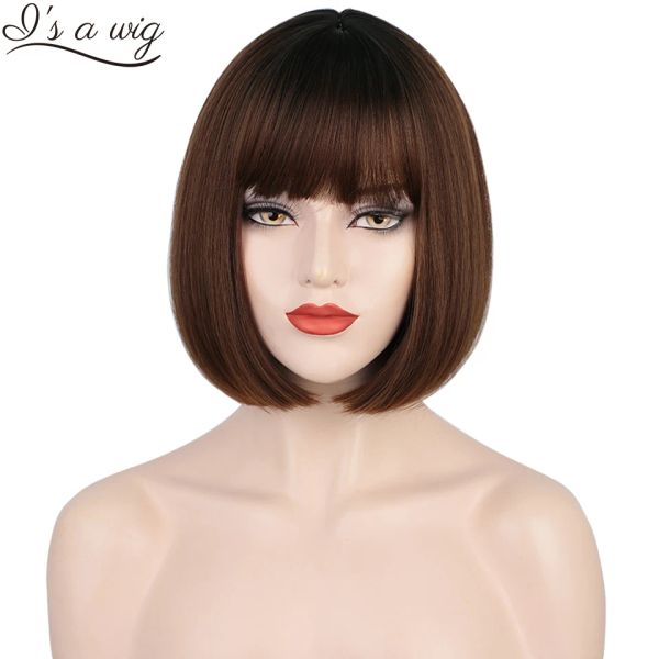 Perücken kurze Bob -Perücke mit Pony Ombre schwarze braune Straight Synthetic Perücken für Frauen blonde rosa rot orange lolita cosplay party Haare