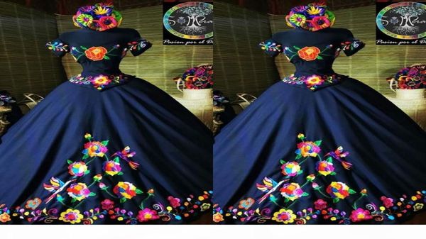 2021 Moda Charro México Quinceanera Vestidos Azul Marinho Bordado Fora Do Ombro Cetim Espartilho Voltar Doce 15 Meninas Vestido de Baile 3038017