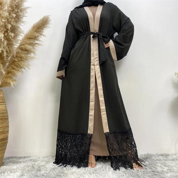 Etnik Kıyafet Siyah Dantel Açık Abaya Kimono Dubai Kaftan Müslüman Hardigan 2024 MAXI Elbise Kadınlar Robe Kaftan İslami Eid Ramazan