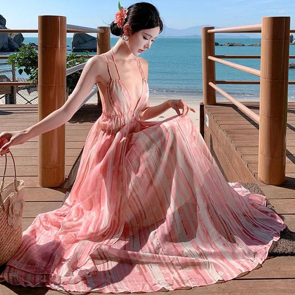 Повседневные платья Французское летнее розовое платье с цветочным принтом для отдыха, женское платье макси с глубоким V-образным вырезом и открытой спиной, полосатый шифон с высокой талией, пляжное длинное