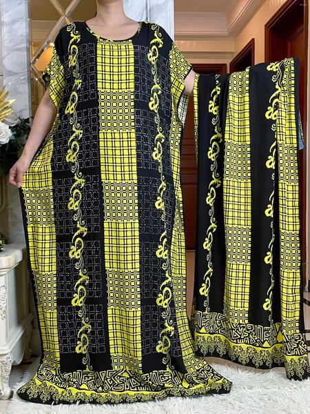 Roupas étnicas estilo verão manga curta impressão algodão vestido com grande lenço africano dashiki floral solto caftan diamantes maxi casual