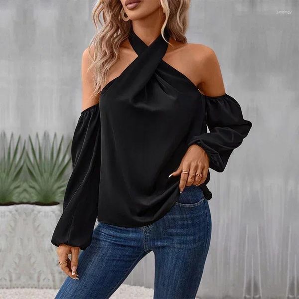 Camicette da donna Chic Camicetta nera sexy con spalle scoperte Camicia da donna con scollo all'americana Camicia a maniche lunghe cava Moda casual Streetwear Top larghi Blusas