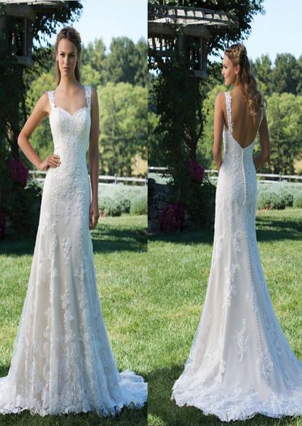 Applicazioni in pizzo Scollo a cuore Abito a sirena Senza schienale Bottone Sweep Train Abito da sposa con spalline in pizzo vestidos de formatura4324811