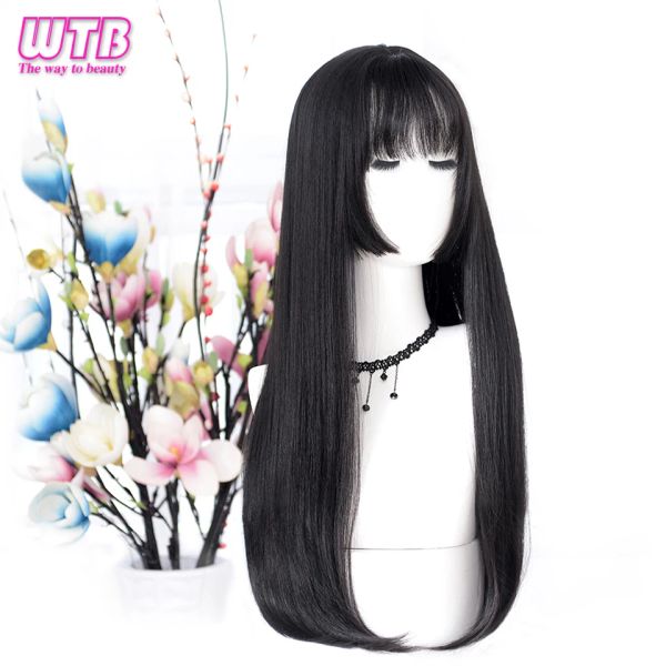 Wigs WTB Синтетические длинные прямые волосы черные парики лолиты с челкой для женщин мода женская вечеринка рождественские парики многоцветь