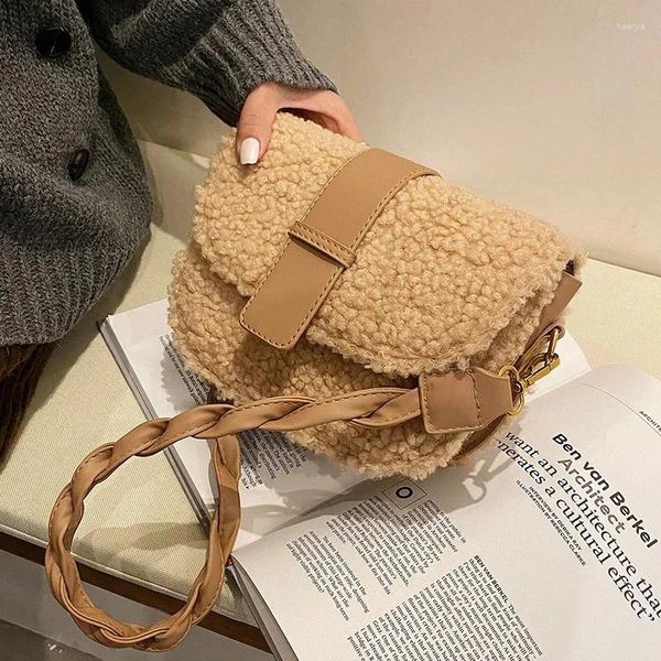 Aufbewahrungstaschen Designer Handtasche Große Kapazität Frauen Tasche Mode Vielseitige Plüschfell Kreuzkörper Messenger Weave Strap Sattel Achselhöhle