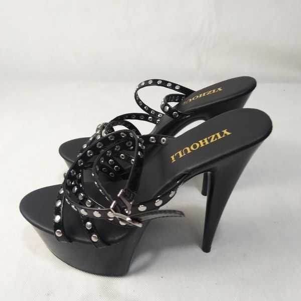 Танцевальная обувь, модные черные туфли на заклепках на каблуке 15 см, модель для танцев на пилоне/банкет, подиум, свадьба