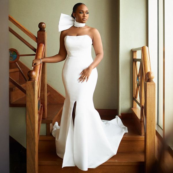 2024 Sereia Vestidos de Noiva Vestidos de Noiva Plus Size Strapless Alta Dividir Vestidos de Casamento de Cetim para Mulheres Negras Africanas Ocasiões Especiais D218