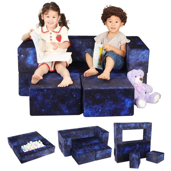 MOMCAYWEX Conjunto de 3 peças de sofás dobráveis 3 em 1, conjunto imaginativo de brinquedos para sofás infantis, universo azul escuro