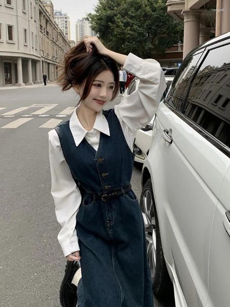 Lässige Kleider Koreanischer Stil Denim Weste Kleid mit Gürtel Frauen Herbst Vintage Lange ärmellose elegante A-Linie Damen Jean