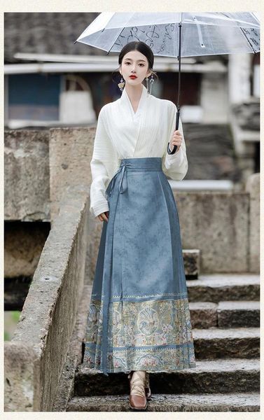 Vestidos de trabalho 2024 mais recente design estilo chinês diário hanfu top branco com saia de cavalo terno