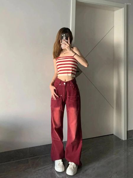 Jeans femininos moda americana design de lavagem vermelho botão de rua alta cintura reta perna larga calças soltas esfregando