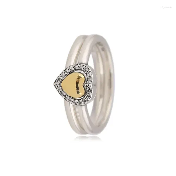 Anelli a grappolo Anello in argento sterling 925 autentico con cuore in oro CZ per le donne, regalo di fidanzamento, matrimonio, gioielli in Europa