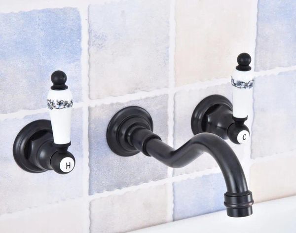 Rubinetti per lavandino del bagno Ottone lucidato a olio nero Doppi manici diffusi 3 fori a parete Rubinetto per lavabo Miscelatore per lavabo Msf496