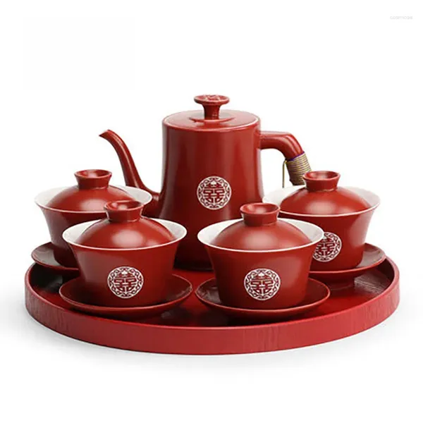 Conjuntos de chá chinês suprimentos de casamento vermelho cerâmica conjunto de chá bule gaiwan com bandeja de servir lywed festa lembrança presente porcelana