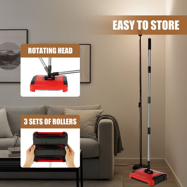 Carpet Floor Sweeper Hand Push Automatic Broom Cleaner for Home Office Rugs Pet Hair Dust Scraps Paper Cleaning