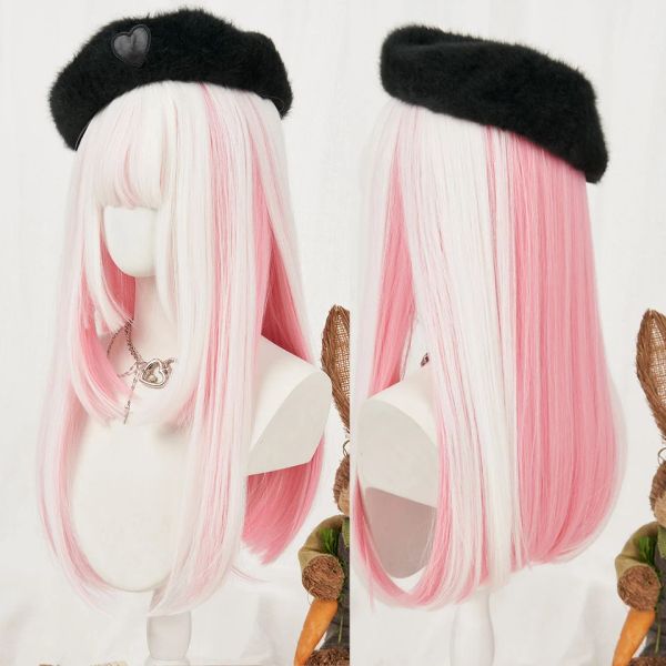 Perücken HOUYAN Synthetische Cosplay Lange Glatte Haare Lolita Perücke Rosa Weiß Farbverlauf Mädchen Perücke Hitzebeständige Faser Synthetische Perücke