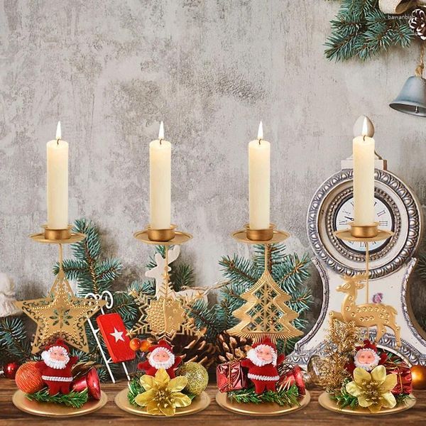 Castiçais de ferro de natal castiçal papai noel elk estrela floco de neve árvore diy decoração de casa ornamento de mesa de natal presente de ano