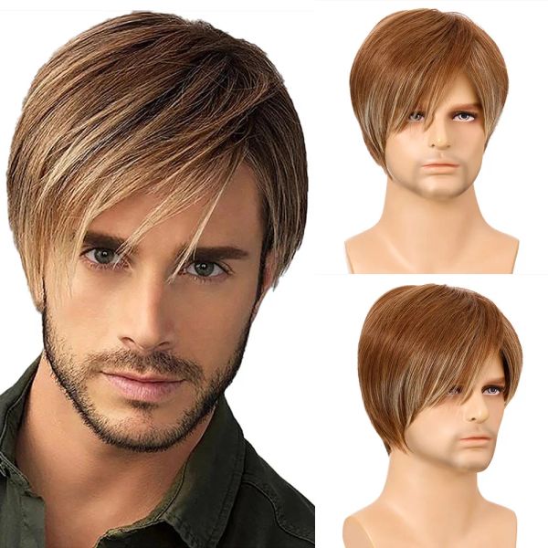 Perucas oucey cabelo sintético peruca masculina suave natural perucas para homens cabelo reto peruca sintética masculina de alta qualidade perucas marrons