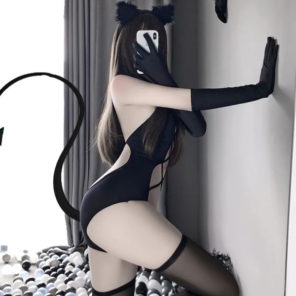 Donsuit a maglie porno Donne sexy sexy erotico lingerie diavolo costumi aperti per gatto nero gioco gioco da bagno anime set di biancheria intima