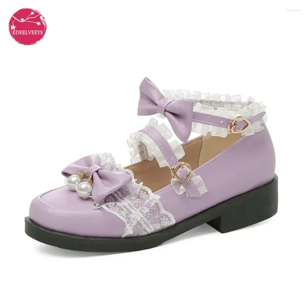 Scarpe casual da donna cinturino alla caviglia con fiocco Kawaii Lolita Cosplay comfort cinturino con tacco largo Mary Jane décolleté in pizzo abito da principessa giapponese