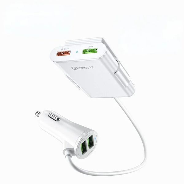 QC3.0 4 portas Carregador USB para carro Carregamento rápido Adaptador de energia para isqueiro para iPhone Huawei com cabo HUB USB de extensão de 1,7M