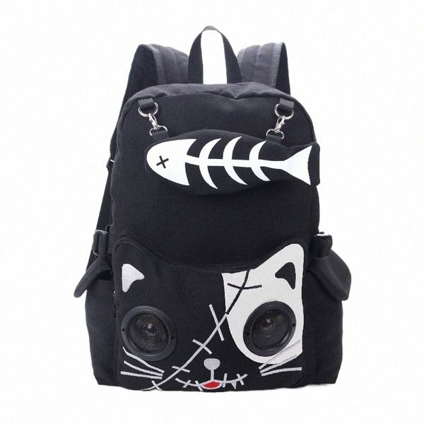 jierotyx Womens Lautsprecher Taschen Katze Tier Rucksack Rucksack Gothic Plug Play Fish Be Mädchen Geschenk Rucksack Canvas Frauen Bluetooth o1Rp #