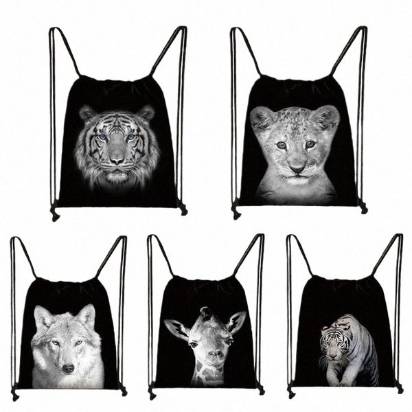 Preto Branco Animais Selvagens Impressão Saco Com Cordão Homens Sacos De Armazenamento Meninos Tigre Li Lobo Mochila Adolescente Saco De Viagem Bookbag l6Id #