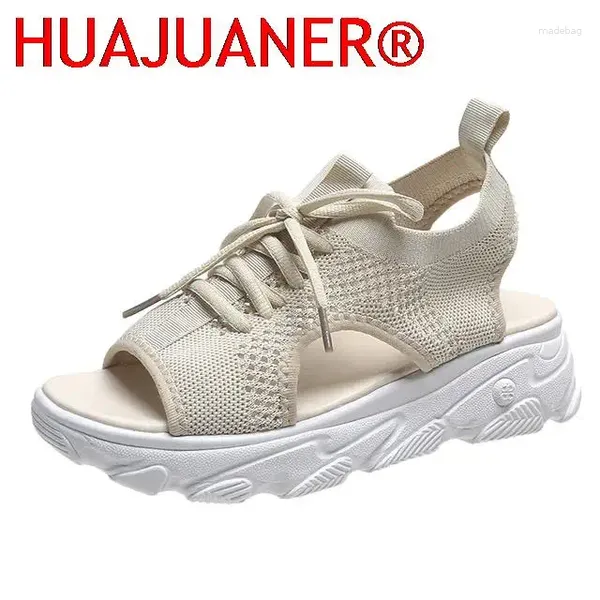 Sandálias 2024 Verão Mulheres Malha Sapatos Casuais Branco Grosso-Solado Lace-Up Sandalias Open Toe Beach para Zapatos Mujer