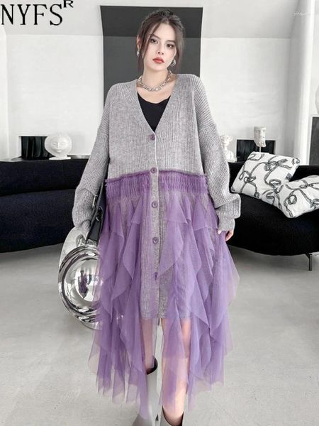 Casual Dresses NYFS 2024 Winter Europa Frauen Pullover Vestidos Robe Elbise Lose Plus Größe V-ausschnitt Patchwork Gaze Stricken Kleid