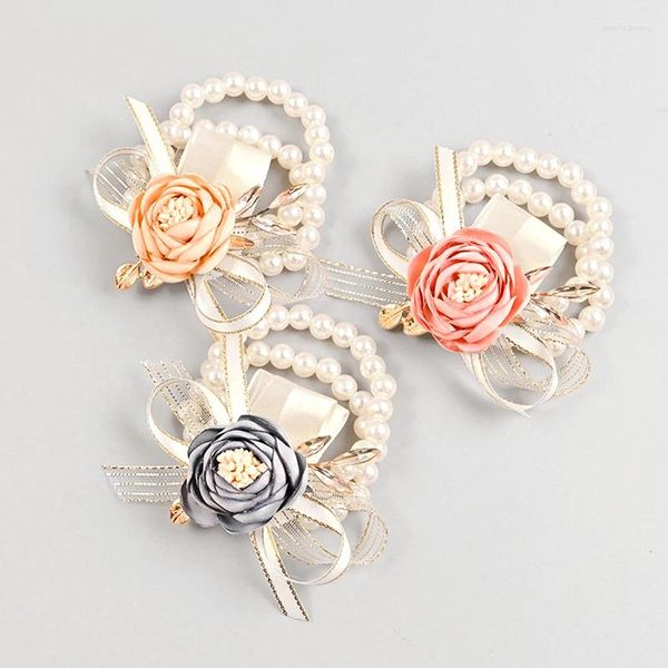 Braccialetti con ciondoli Ragazze damigella d'onore polso fiori nastro di perle braccialetto rosa per matrimoni, feste di ballo, accessori regalo per la sposa