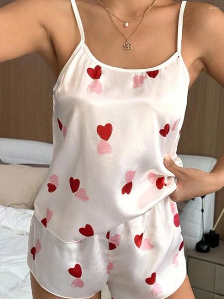 Home Abbigliamento Pigiama da donna in raso Set senza maniche con stampa a cuore Camicie Pantaloncini casual Completi da notte