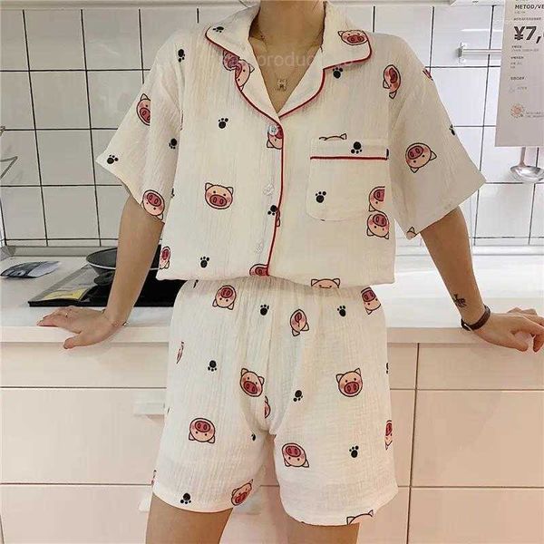 Damen Nachtwäsche Cartoon Schweinsdruck Sommerpyjamas Set Frauen Single Breasted Shirts Shorts Anzug Cotton Kawaii Koreanisch Home Rosa Weiß