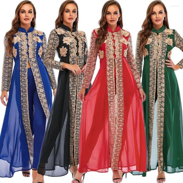 Etnik Giyim 2 Parça Set Şifon Küçük Stand Boyun Elbiseleri Dubai Kadın Dantel Uzun Kollu Çöp Pantolon Müslüman Abaya Fas Afrika Elbise