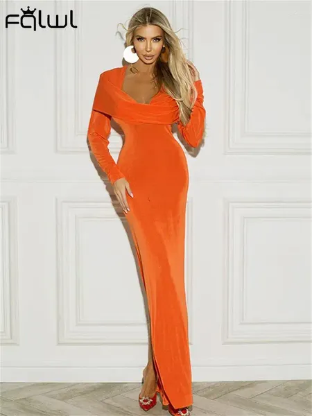 Abiti casual Habbris Arancione Con cappuccio aderente Abito lungo Party Outfit per le donne 2024 Inverno Swinging Collar Sleeve Maxi Fashion