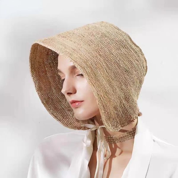 Designer Luxus Bast Lanyard Eimer Hüte Sommer Herbst Damenmode Atmungsaktive Sonnencreme Panama Stroh Becken Hut Großhandel 240325