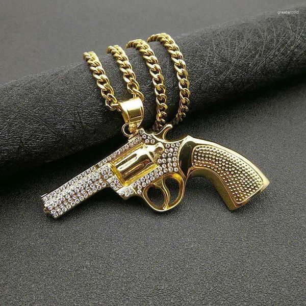 Ожерелья с подвесками Micro Paved CZ Stone Iced Out Bling, большое револьверное ожерелье с пистолетом из нержавеющей стали 316L, мужские ювелирные изделия в стиле хип-хоп и рок