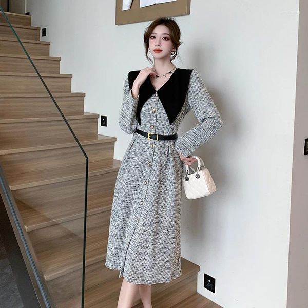 Freizeitkleider Damen Frühlingskleid Winter 2024 Niedliche Bürodame Vintage Französischer Stil Solide Langarm Hohe Taille