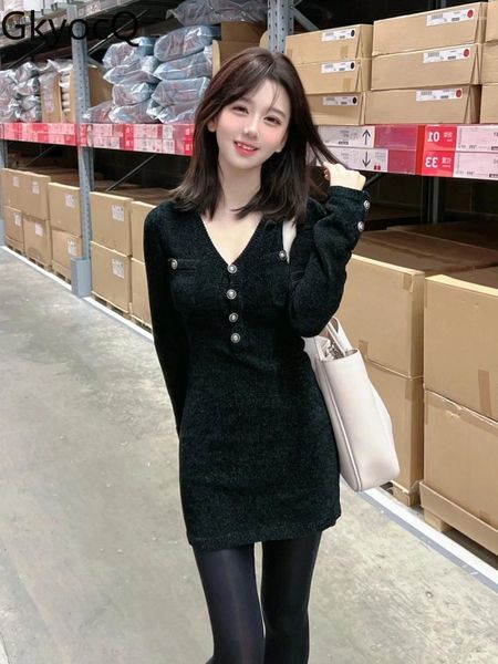 Casual Kleider GkyocQ Koreanische Mode Frauen Kleid Sexy Und Reife V-ausschnitt Langarm Einreiher Stricken Elegante Weibliche Vestidos