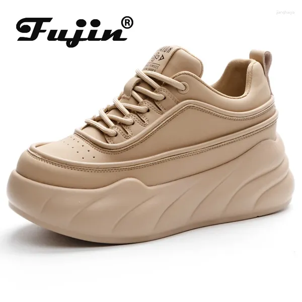 Sapatos casuais fujin 6.5cm plataforma de couro genuíno botas cunha primavera outono apoio tornozelo chunky tênis feminino bombas confortáveis