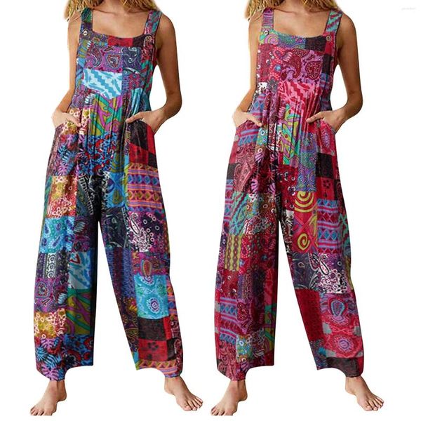 Calças femininas Mulheres Macacões Macacão de Verão Multicolor Estilo Étnico Quadrado Pescoço Sem Mangas Casual Macacão Com Bolsos Para Meninas Playsuit