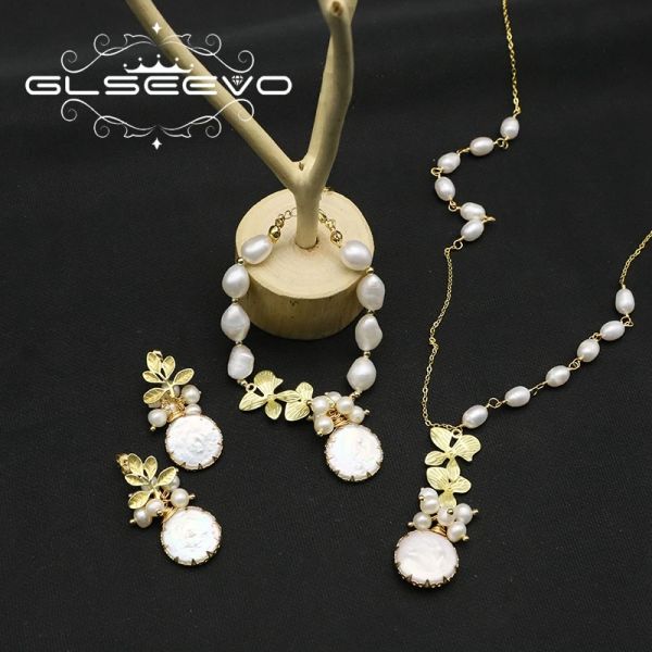Braccialetti glseevo naturale perle barocche per perle vegetale per le foglie di acero gioielli set orecchino cracestrine cramello di braccialetto alla moda
