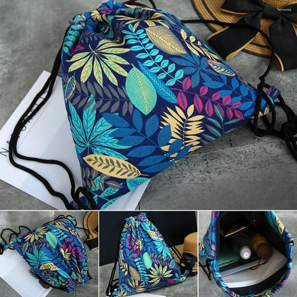 Cordão feminino ombro ao ar livre portátil bolsa de lona floral impressão leve mochila de armazenamento esporte compras multi uso saco