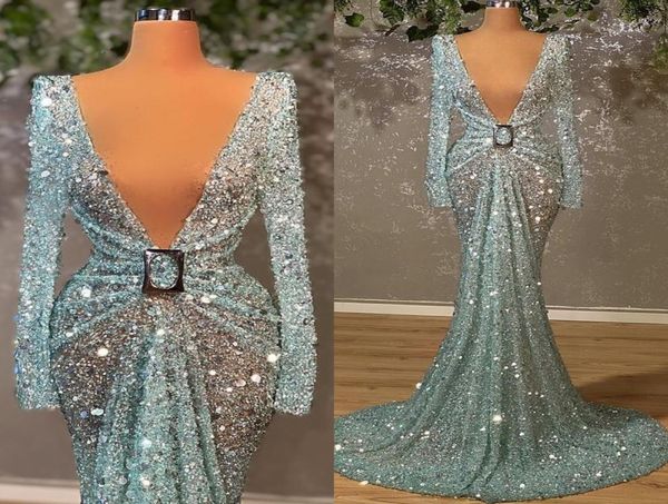 Hellblaue glitzernde Meerjungfrau-Abendkleider mit Pailletten, afrikanisches Bling Bling, V-Ausschnitt, lange Ärmel, Partykleider, Aso Ebi-Abschlussballkleid 3939473