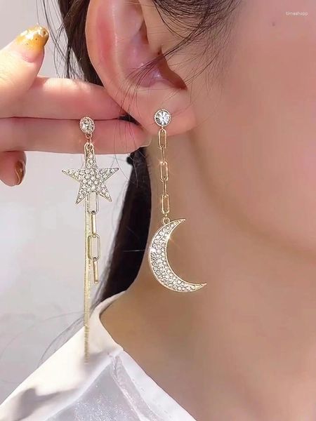 Ohrstecker Modeschmuck Mond Kpop CuteStar Strass Koreanisch Trendig Asymmetrisch Hängend Für Frauen