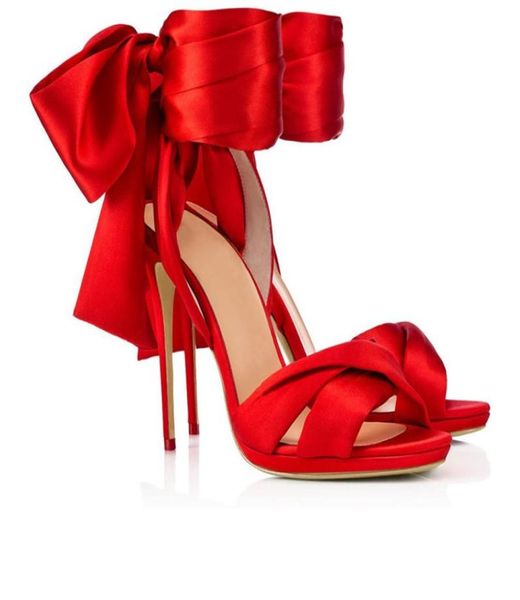 Super verão vestido de noite sapatos femininos casamento cetim moda lindas sandálias peep toes cetim vermelho gravata borboleta salto agulha T show foo6478061